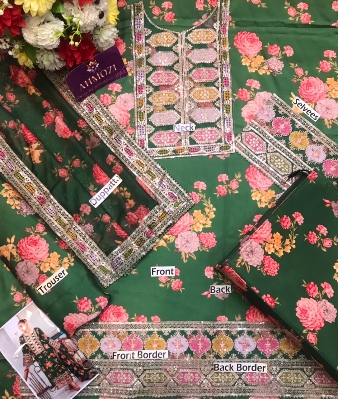 Premium women’s 3 piece unstitched silk suit with digital prints and heavy embroidery design in Pakistan
