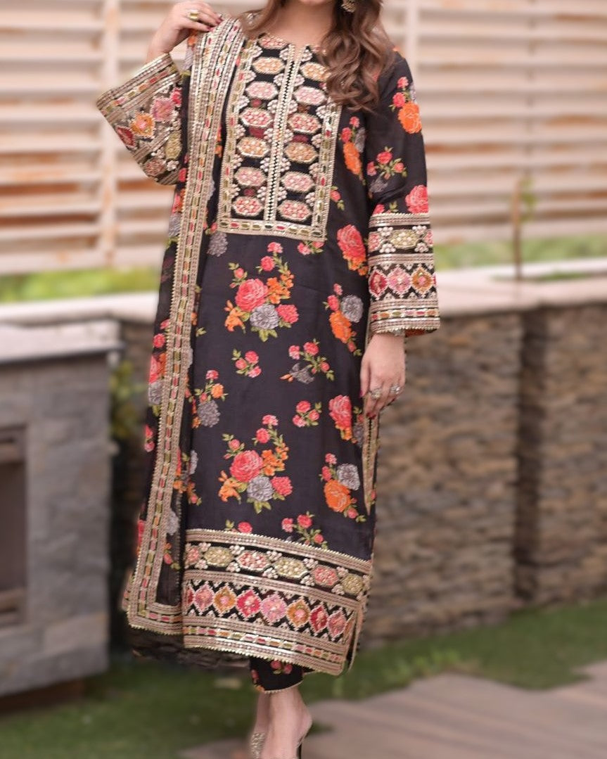 Premium women’s 3 piece unstitched silk suit with digital prints and heavy embroidery design in Pakistan