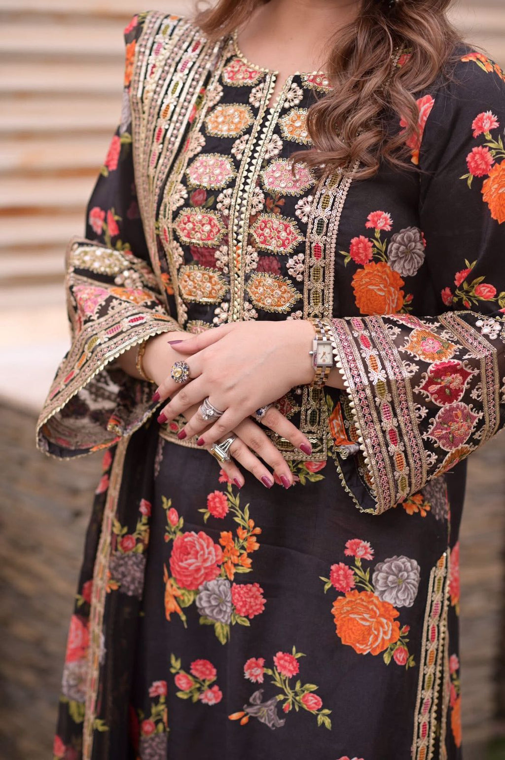 Premium women’s 3 piece unstitched silk suit with digital prints and heavy embroidery design in Pakistan