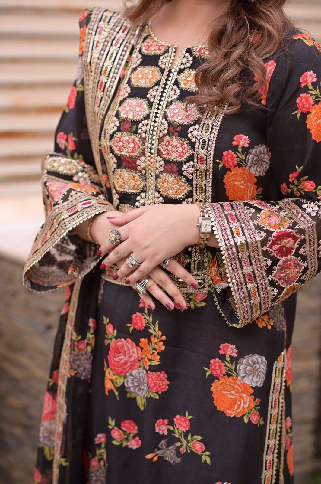 Premium women’s 3 piece unstitched silk suit with digital prints and heavy embroidery design in Pakistan