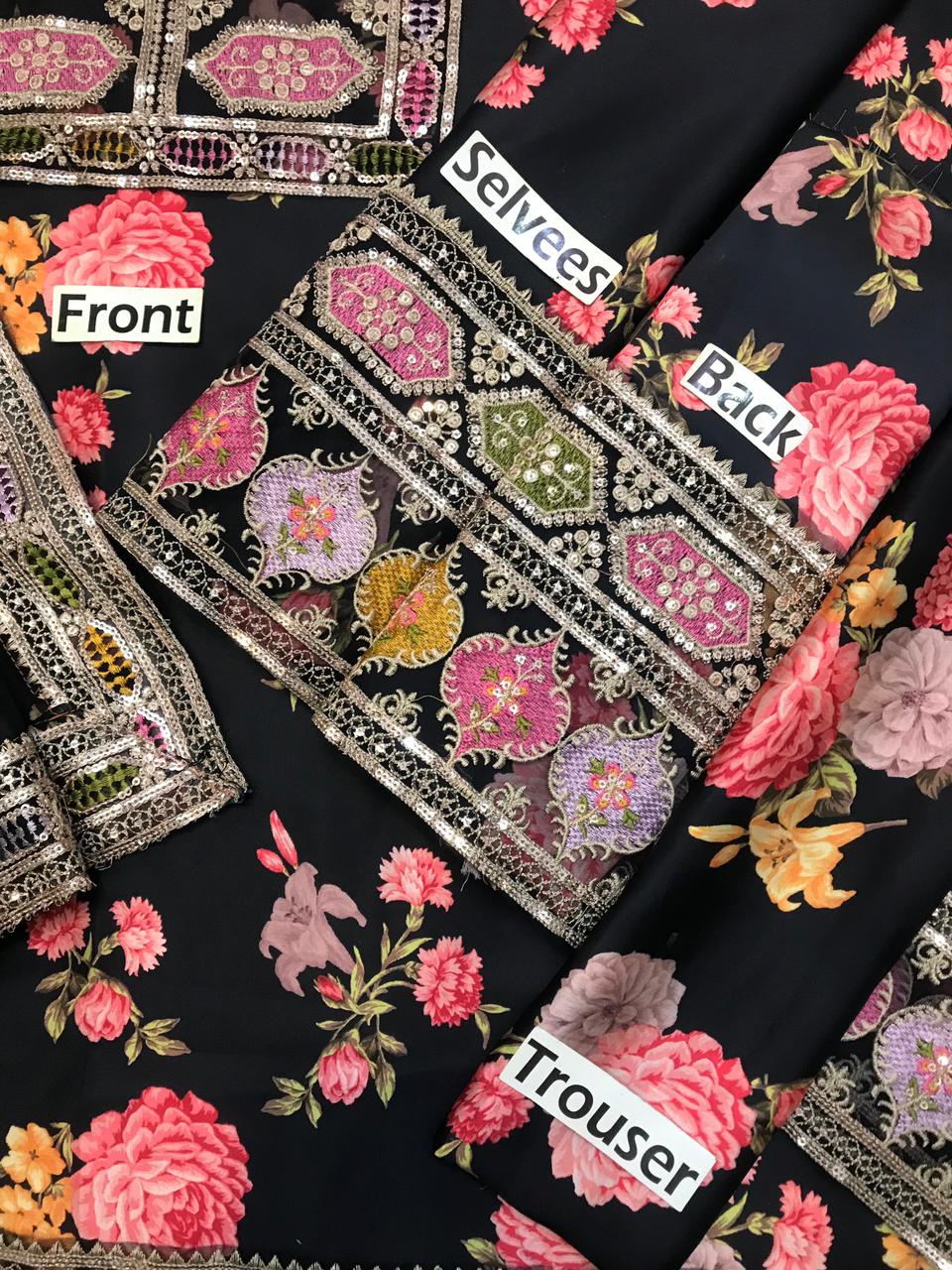 Premium women’s 3 piece unstitched silk suit with digital prints and heavy embroidery design in Pakistan