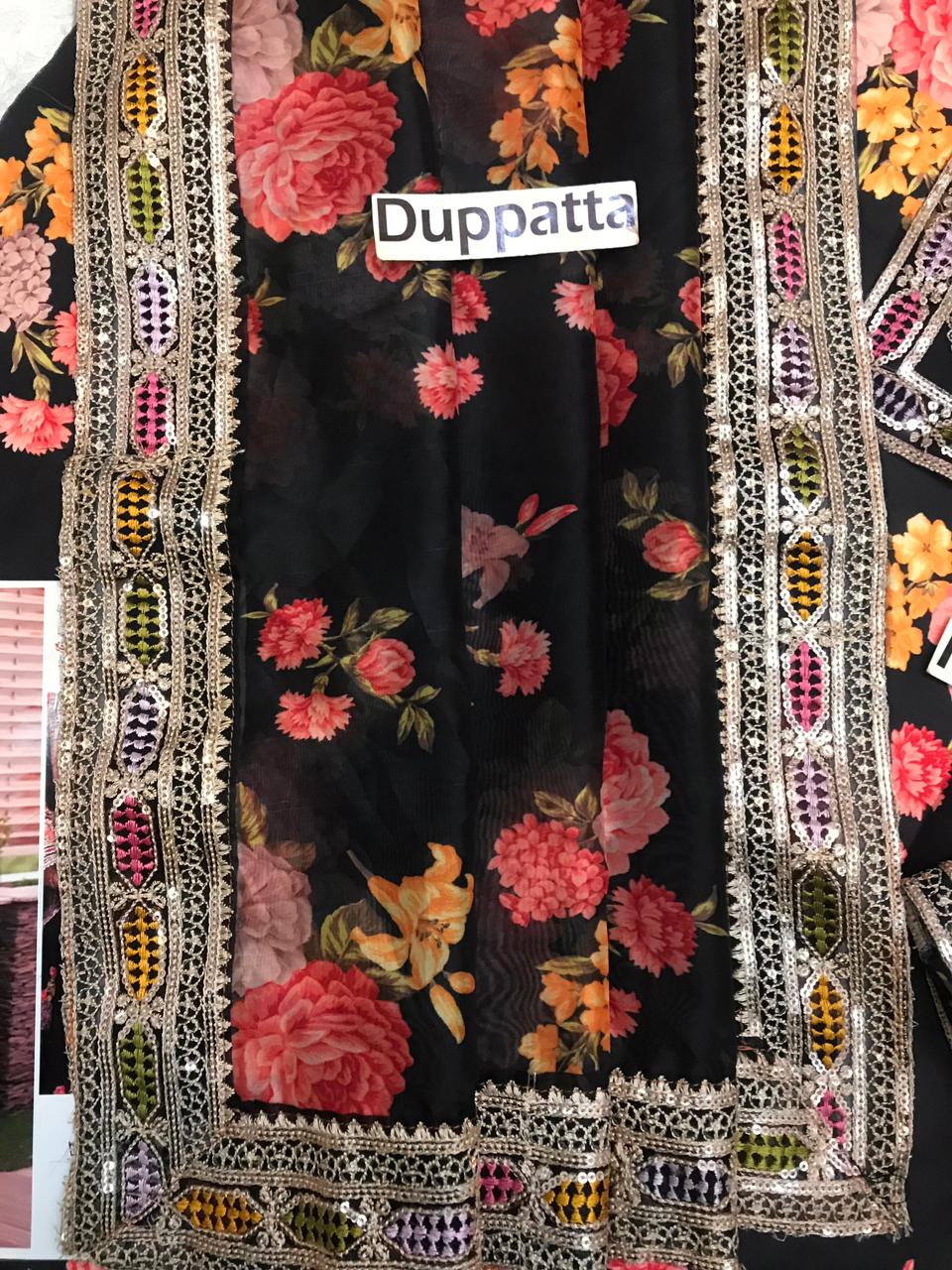 Premium women’s 3 piece unstitched silk suit with digital prints and heavy embroidery design in Pakistan