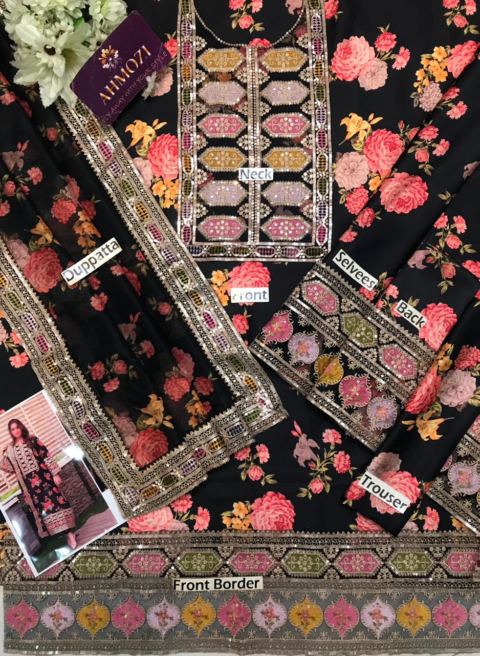 Premium women’s 3 piece unstitched silk suit with digital prints and heavy embroidery design in Pakistan