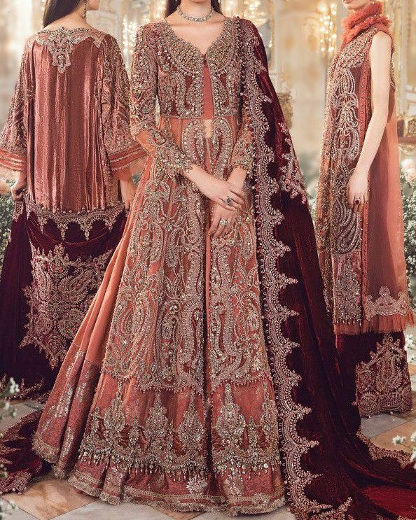 Luxury 3 piece unstitched net and silk suit with heavy embroidery handwork and embroidered dupatta for women in Pakistan
