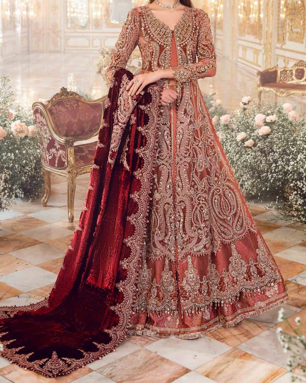 Luxury 3 piece unstitched net and silk suit with heavy embroidery handwork and embroidered dupatta for women in Pakistan