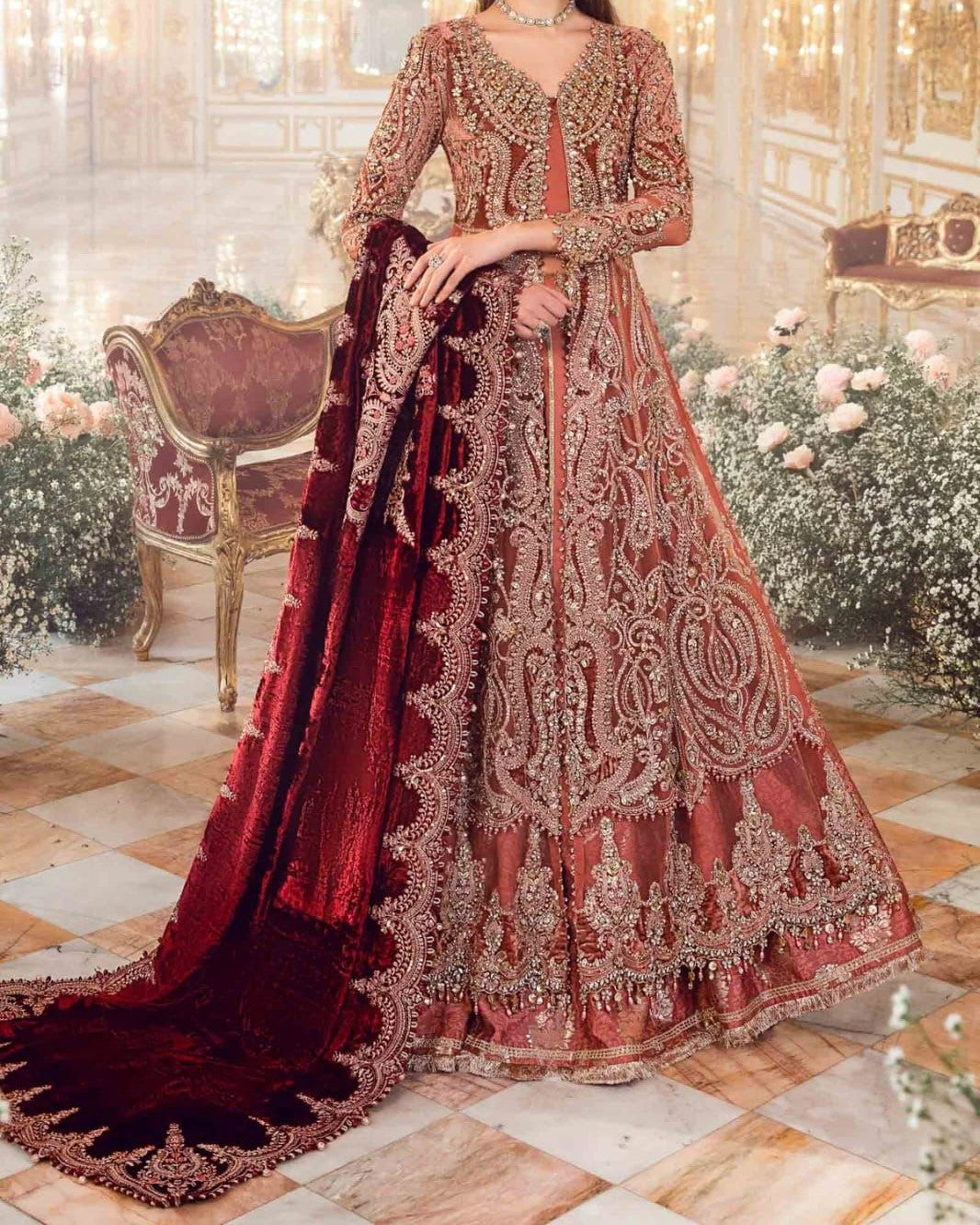 Luxury 3 piece unstitched net and silk suit with heavy embroidery handwork and embroidered dupatta for women in Pakistan