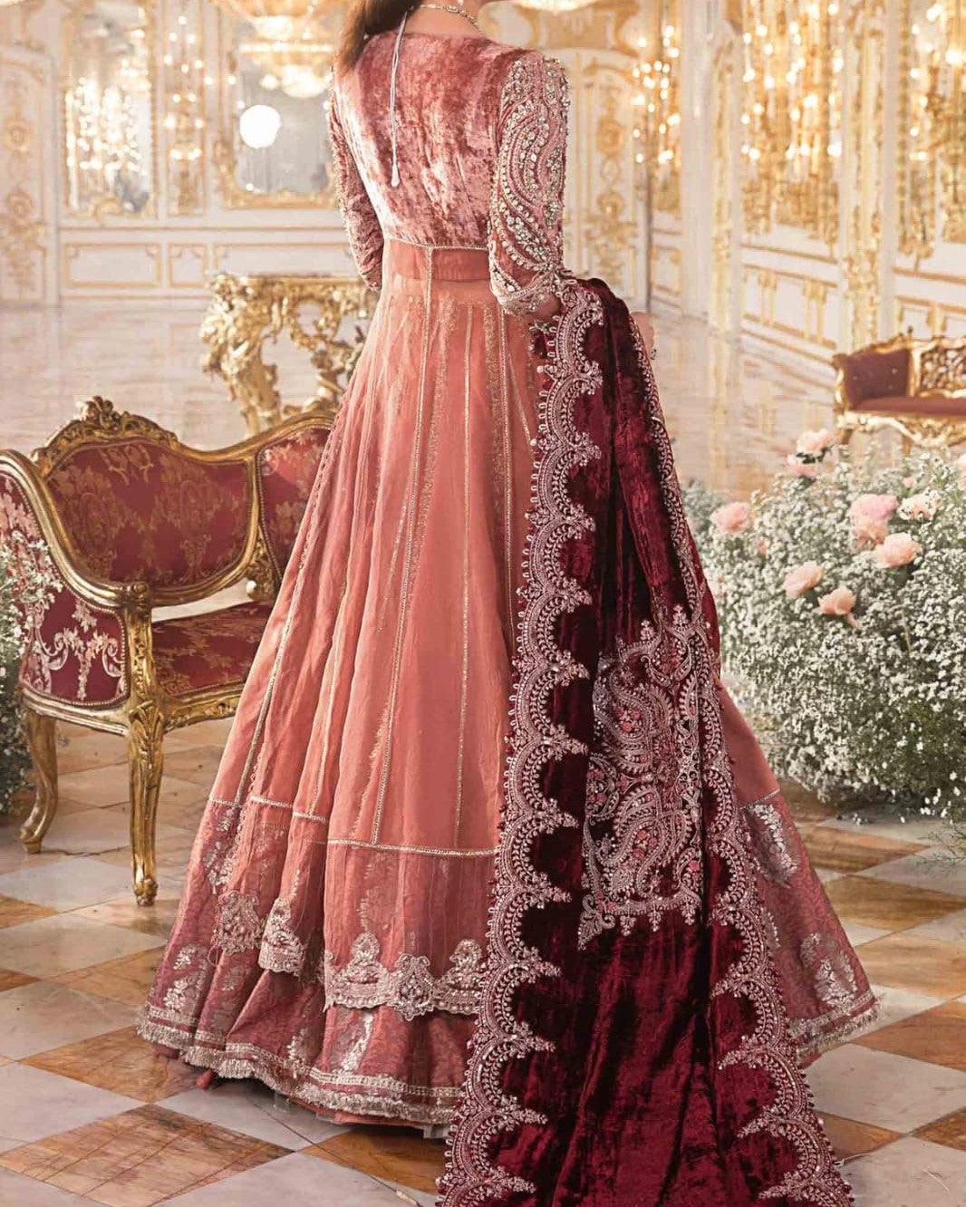 Luxury 3 piece unstitched net and silk suit with heavy embroidery handwork and embroidered dupatta for women in Pakistan