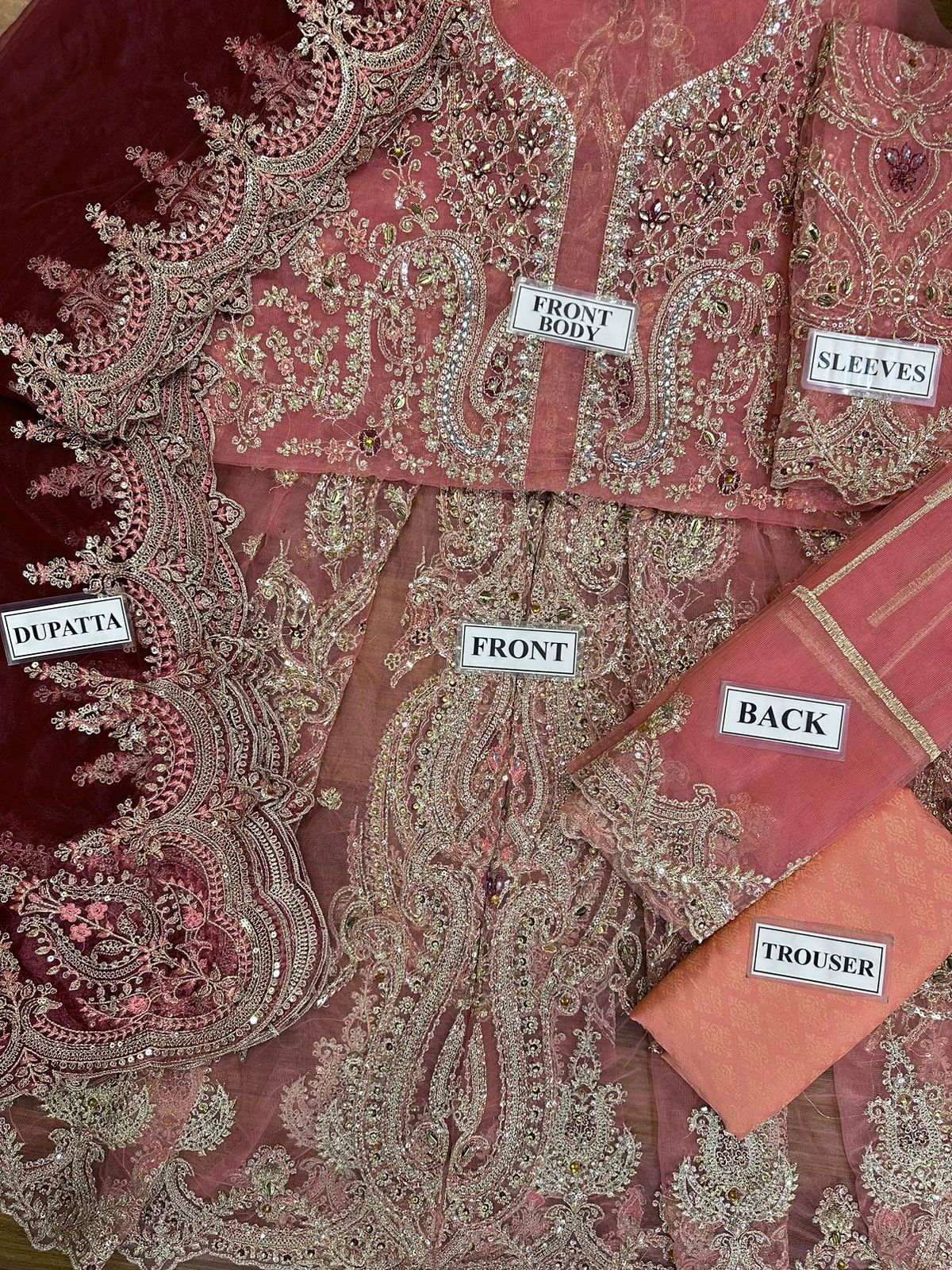 Luxury 3 piece unstitched net and silk suit with heavy embroidery handwork and embroidered dupatta for women in Pakistan