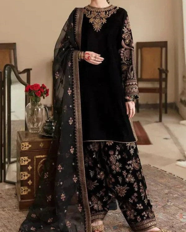 Luxury velvet and silk 3 piece embroidered suit with handwork sequence embroidery and net dupatta for women in Pakistan