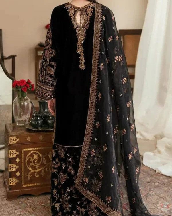 Luxury velvet and silk 3 piece embroidered suit with handwork sequence embroidery and net dupatta for women in Pakistan