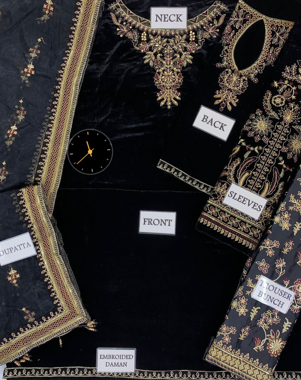Luxury velvet and silk 3 piece embroidered suit with handwork sequence embroidery and net dupatta for women in Pakistan