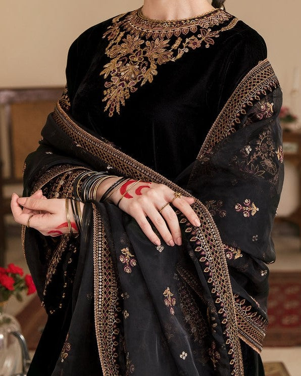 Premium wedding chiffon embroidered dress with silk trouser and net dupatta for women in Pakistan
