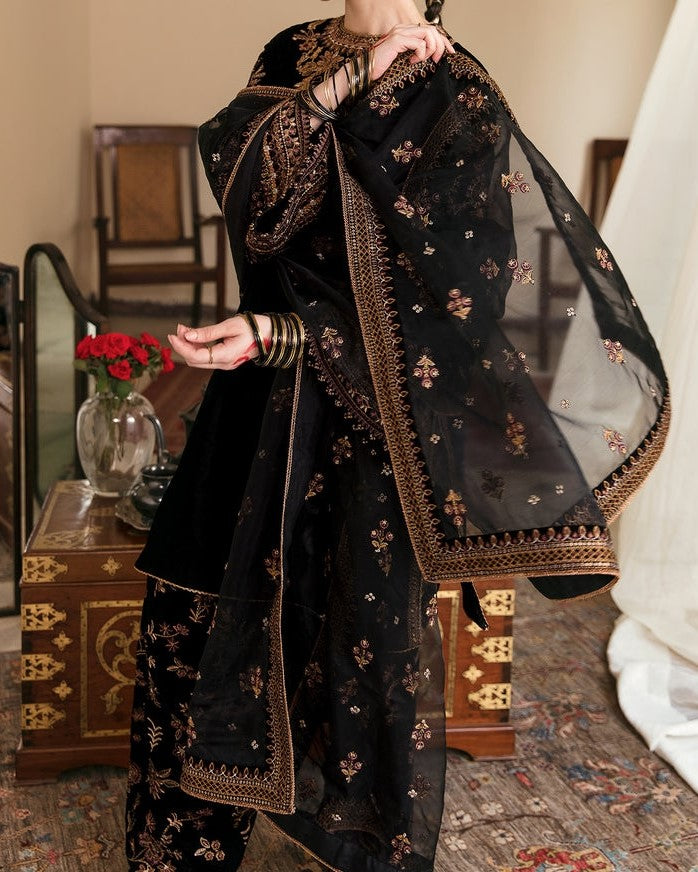 Premium wedding chiffon embroidered dress with silk trouser and net dupatta for women in Pakistan