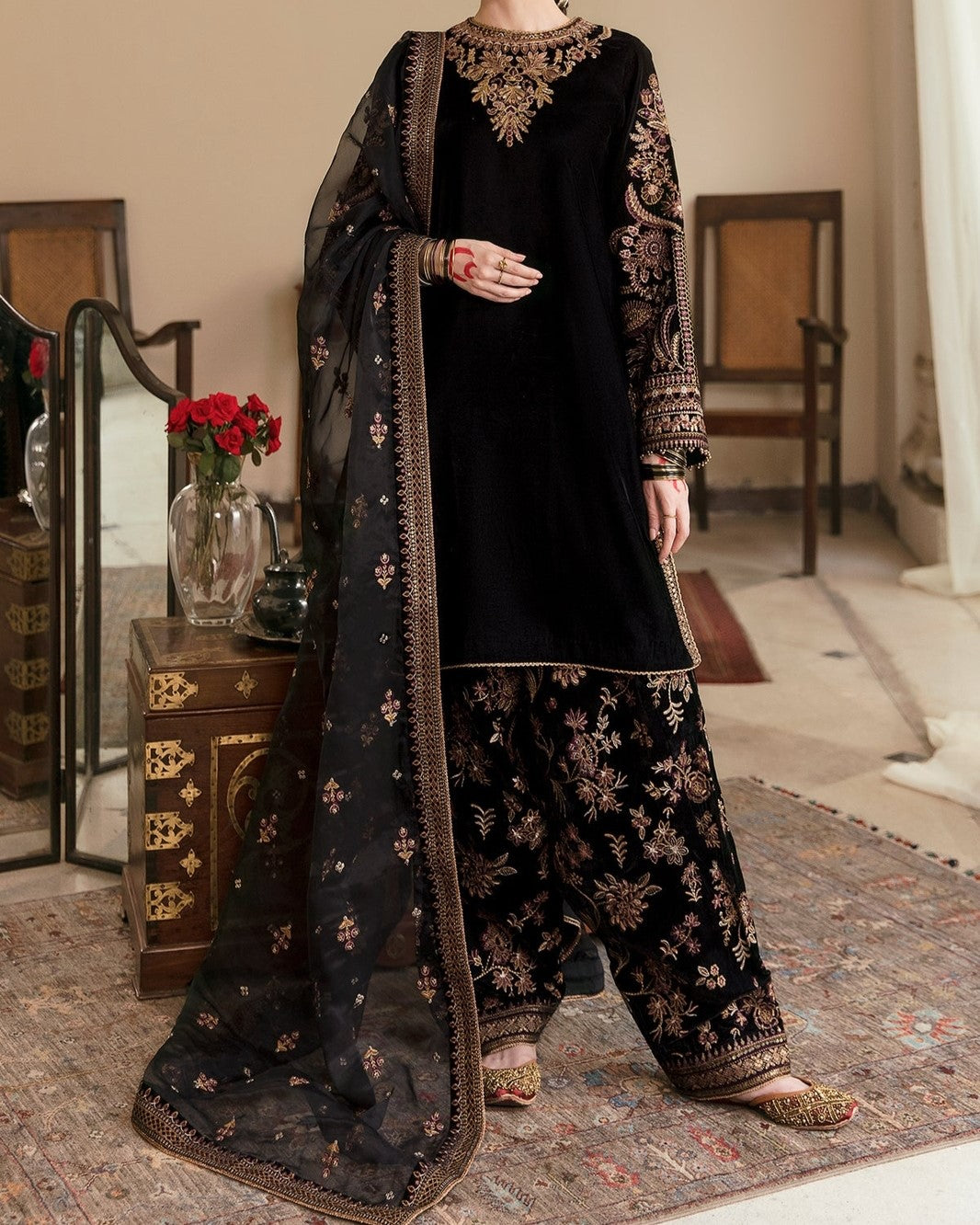 Premium wedding chiffon embroidered dress with silk trouser and net dupatta for women in Pakistan