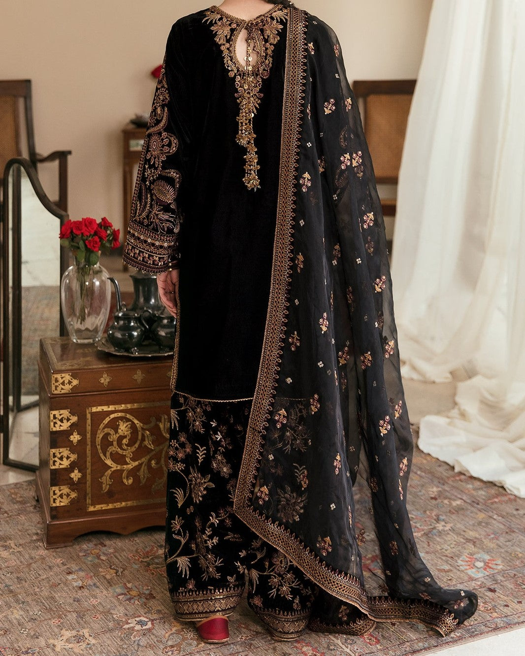 Premium wedding chiffon embroidered dress with silk trouser and net dupatta for women in Pakistan