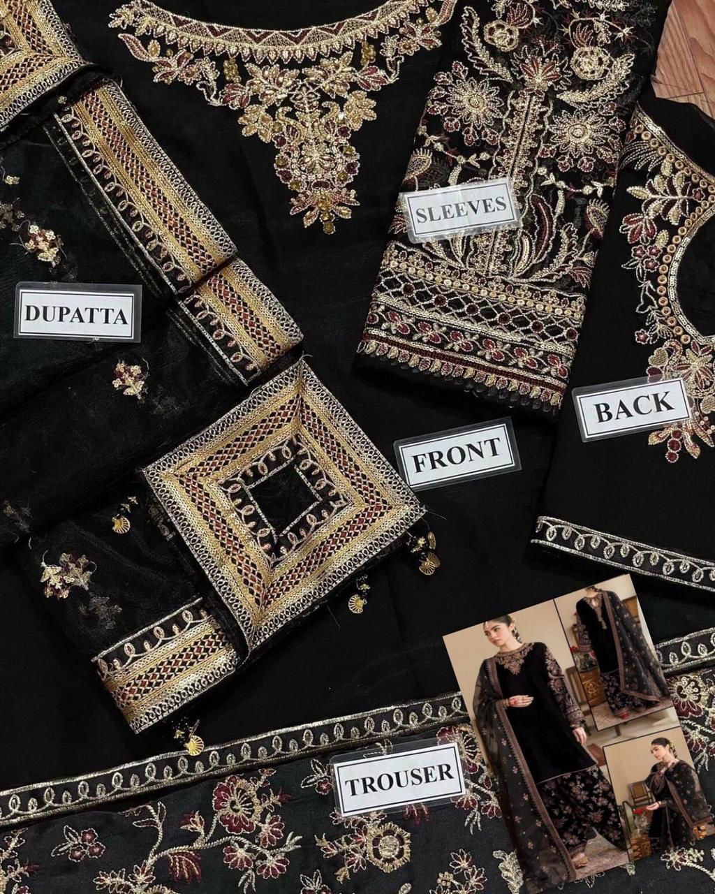 Premium wedding chiffon embroidered dress with silk trouser and net dupatta for women in Pakistan