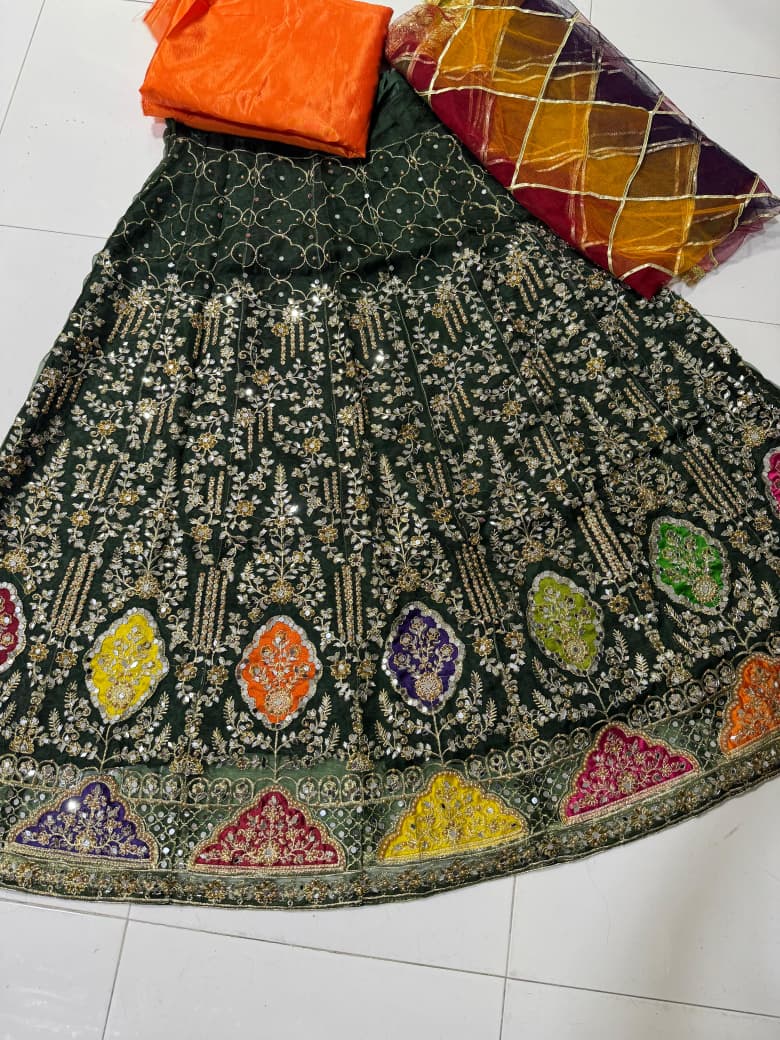 Organza tissue lehenga with mirror pearl embroidery, net gota dupatta and plain katan shirt 3-piece set for women in Pakistan