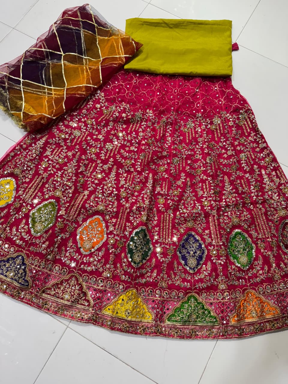 Organza tissue lehenga with mirror pearl embroidery, net gota dupatta and plain katan shirt 3-piece set for women in Pakistan