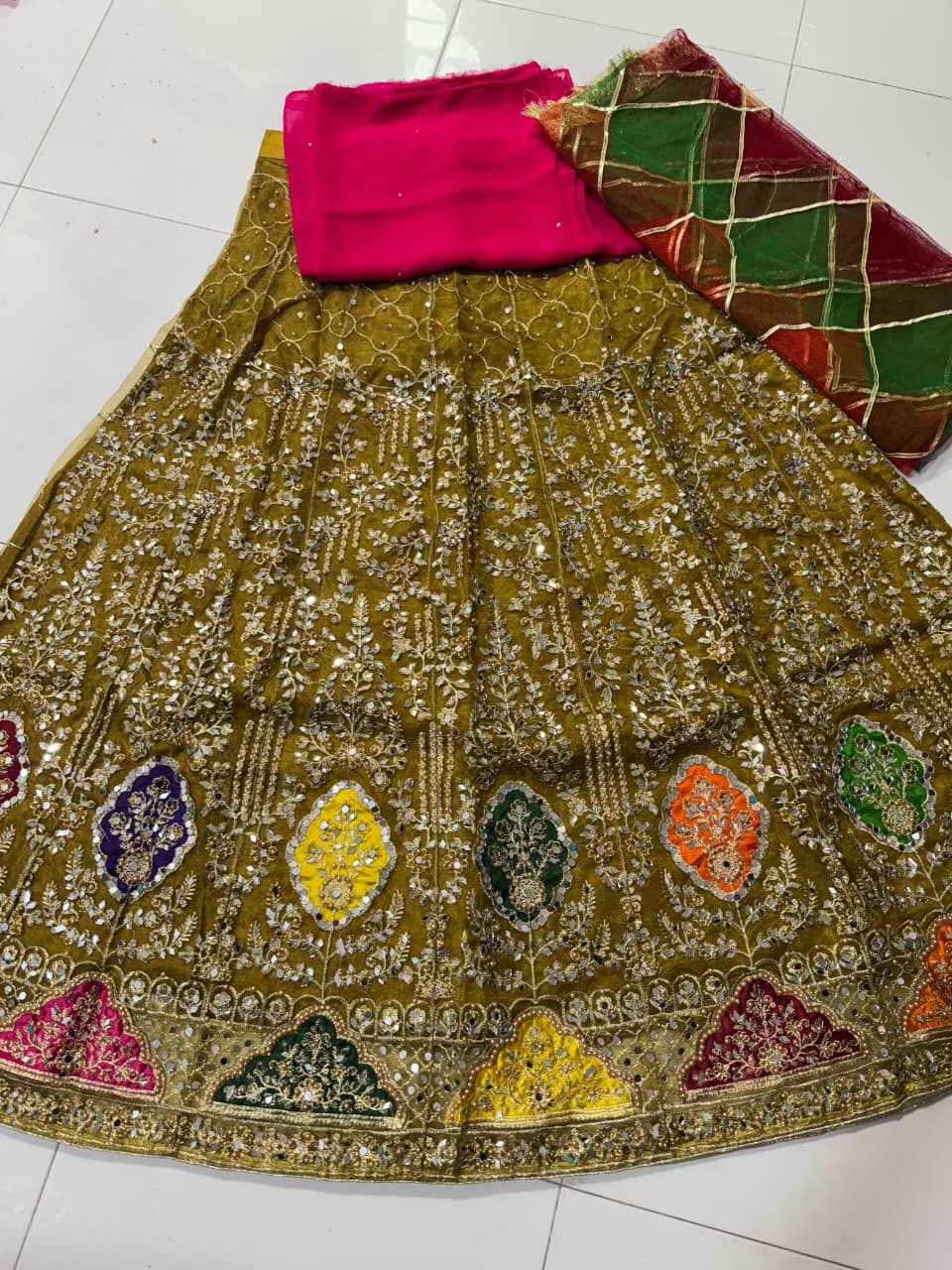 Organza tissue lehenga with mirror pearl embroidery, net gota dupatta and plain katan shirt 3-piece set for women in Pakistan