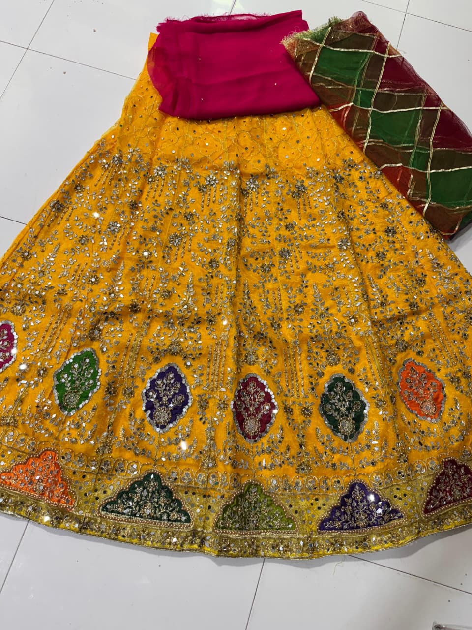 Organza tissue lehenga with mirror pearl embroidery, net gota dupatta and plain katan shirt 3-piece set for women in Pakistan