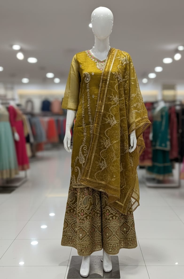 Mehndi collection tissue organza sharara set with zari tilla sequence embroidery and dupatta lace work for women in Pakistan