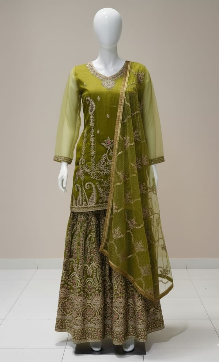 Mehndi collection tissue organza sharara set with zari tilla sequence embroidery and dupatta lace work for women in Pakistan