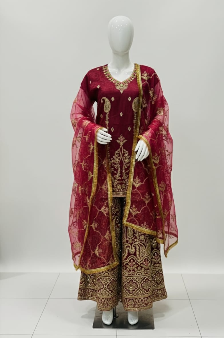 Mehndi collection tissue organza sharara set with zari tilla sequence embroidery and dupatta lace work for women in Pakistan