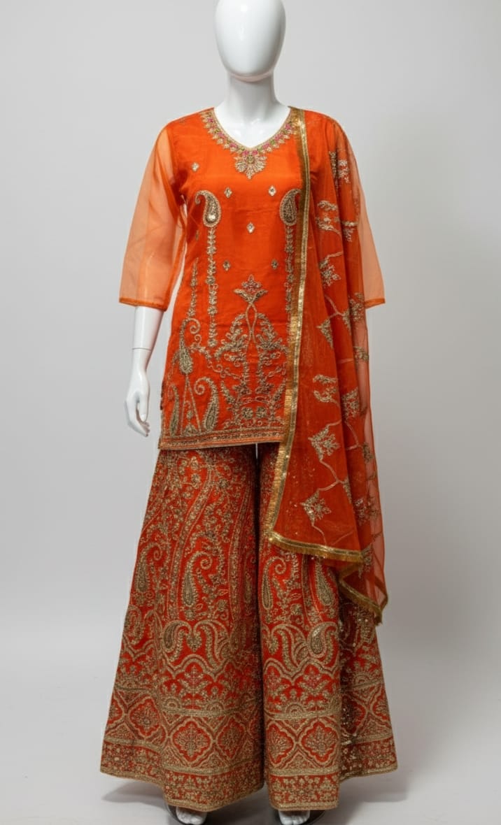 Mehndi collection tissue organza sharara set with zari tilla sequence embroidery and dupatta lace work for women in Pakistan