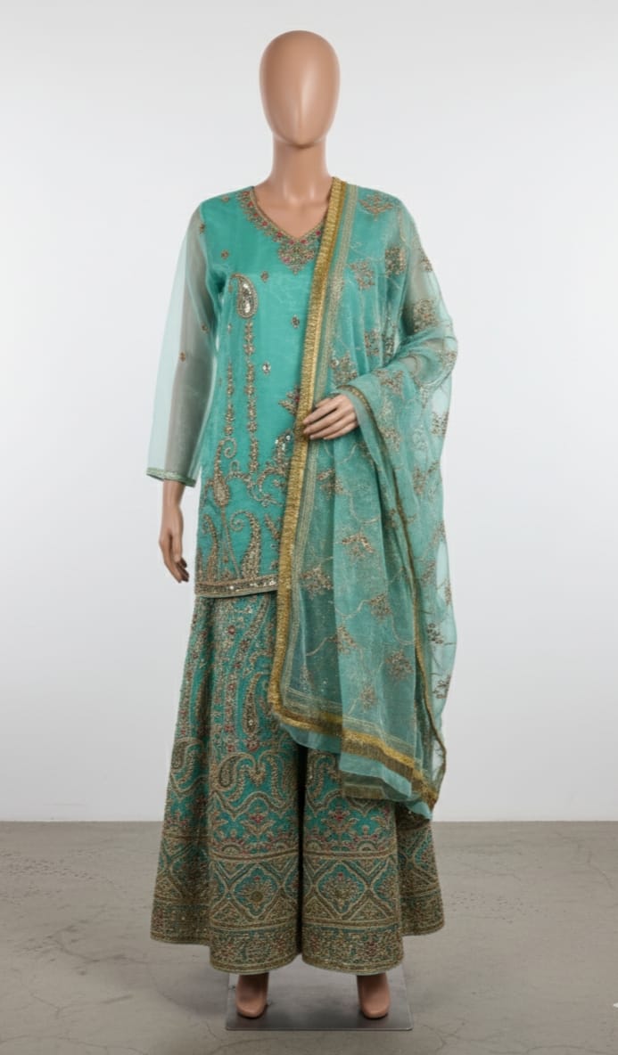 Mehndi collection tissue organza sharara set with zari tilla sequence embroidery and dupatta lace work for women in Pakistan