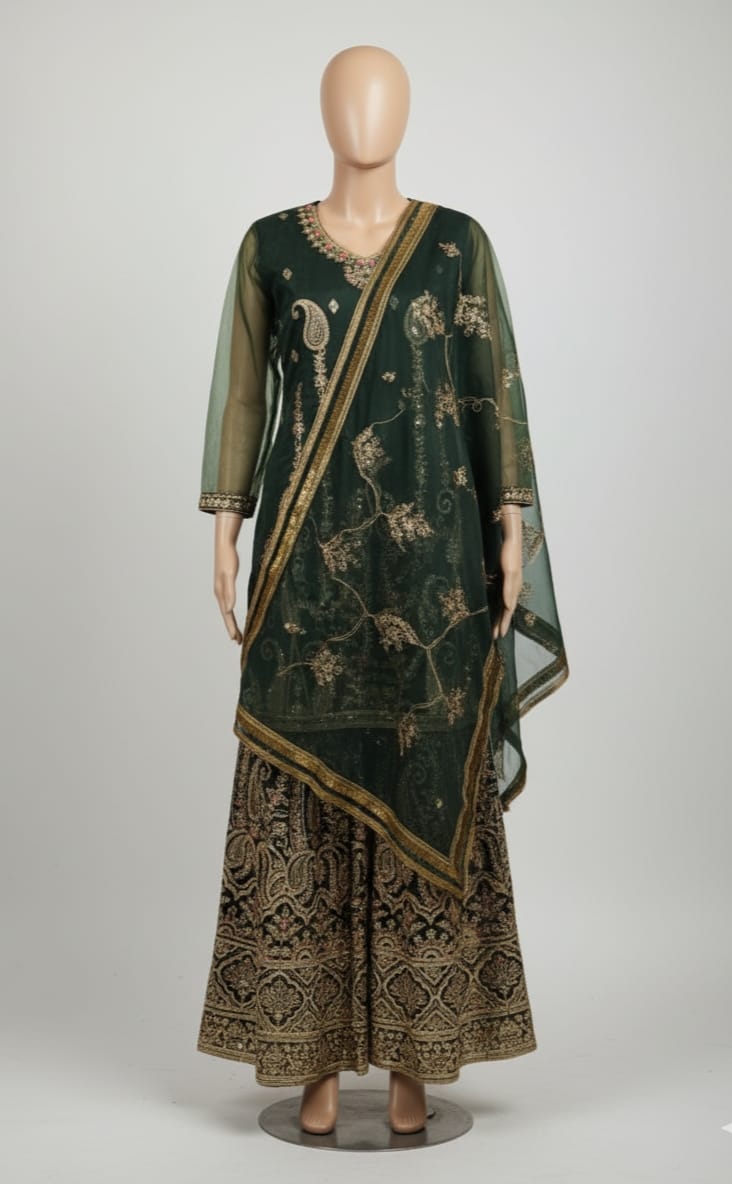 Mehndi collection tissue organza sharara set with zari tilla sequence embroidery and dupatta lace work for women in Pakistan