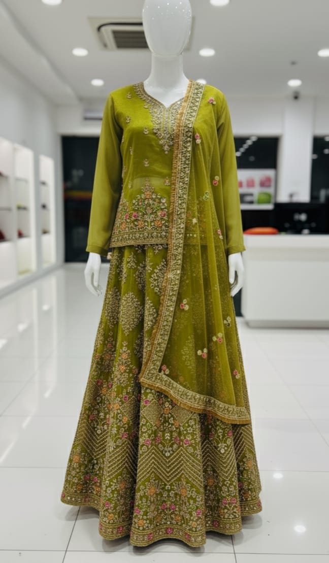 Ready to wear tissue organza lehenga set with sequence, pearl and mirror work dupatta and big flair design for women in Pakistan