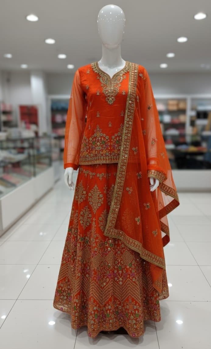 Ready to wear tissue organza lehenga set with sequence, pearl and mirror work dupatta and big flair design for women in Pakistan