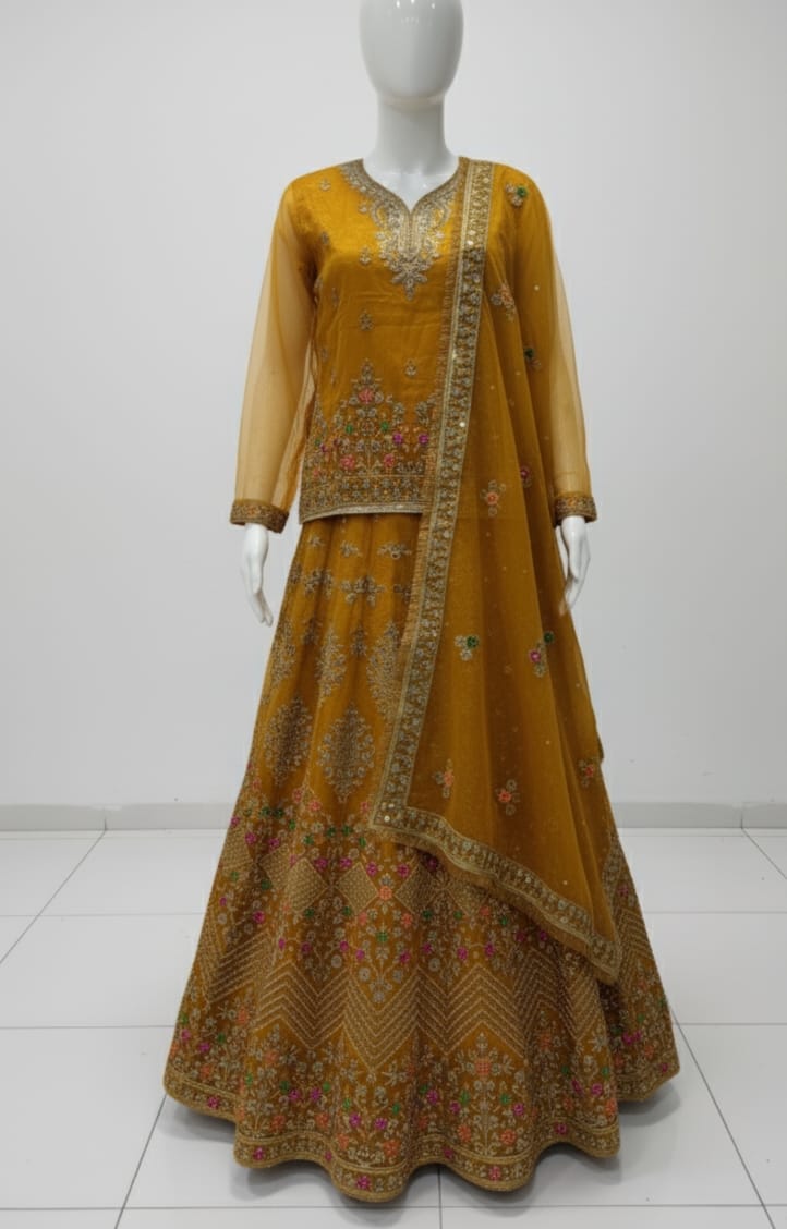 Ready to wear tissue organza lehenga set with sequence, pearl and mirror work dupatta and big flair design for women in Pakistan