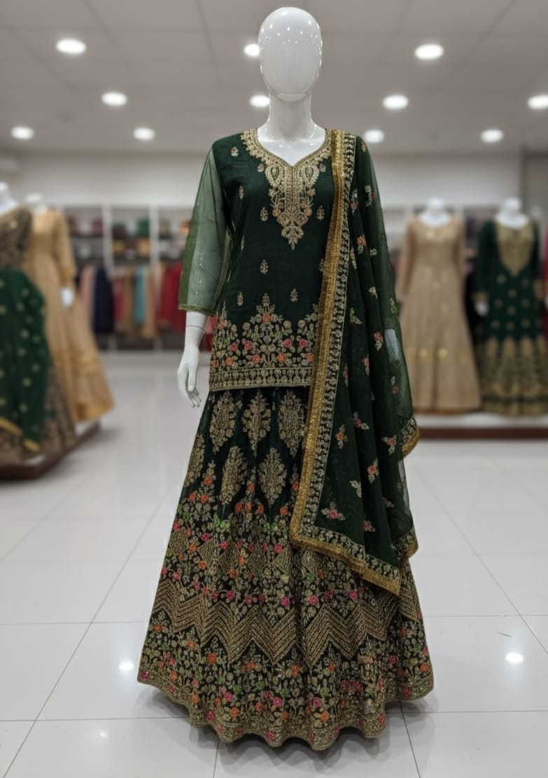 Ready to wear tissue organza lehenga set with sequence, pearl and mirror work dupatta and big flair design for women in Pakistan
