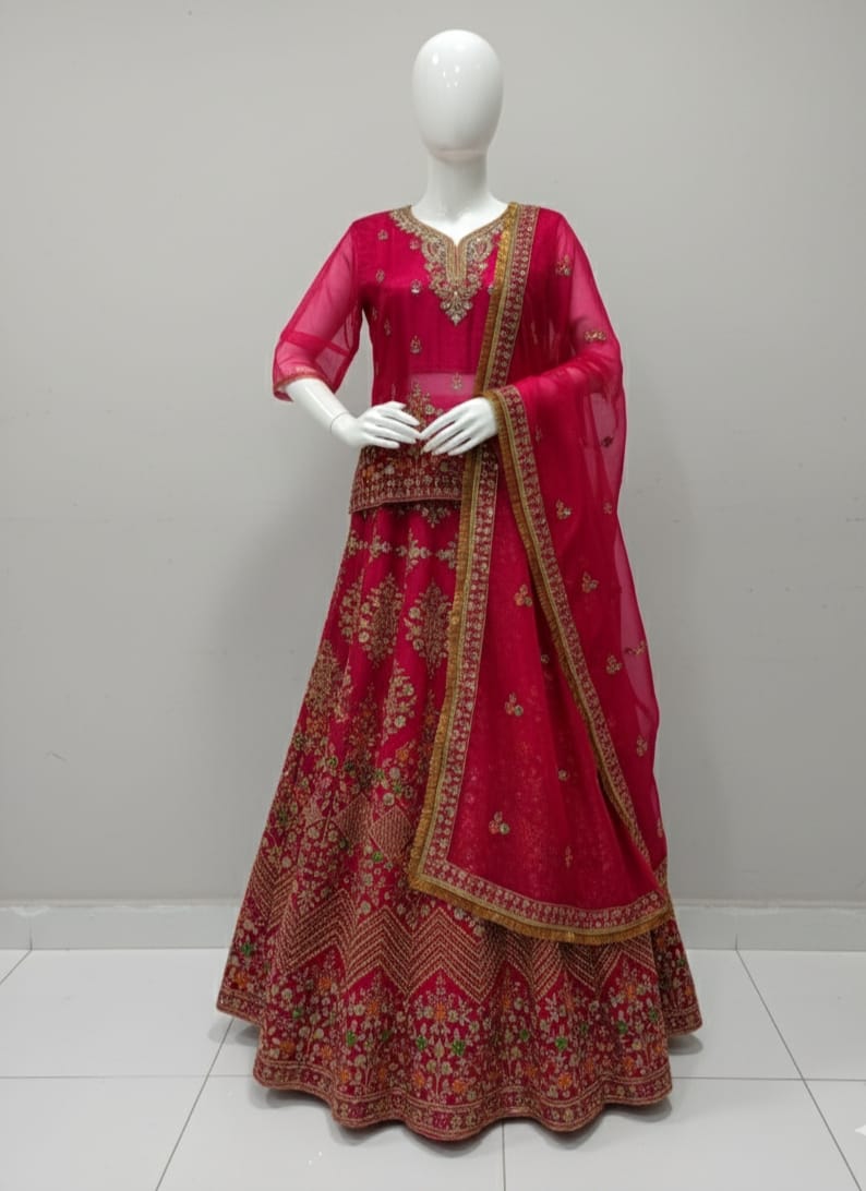 Ready to wear tissue organza lehenga set with sequence, pearl and mirror work dupatta and big flair design for women in Pakistan