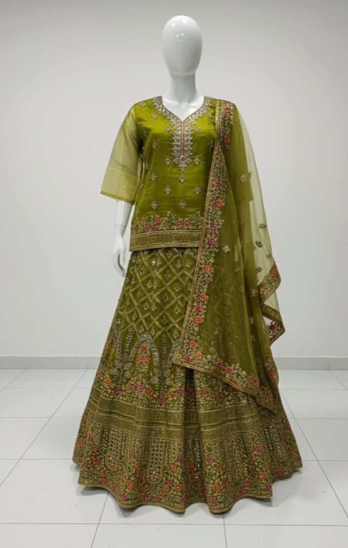 Ready to wear tissue organza lehenga set with sequence, pearl and mirror work dupatta and big flair design for women in Pakistan