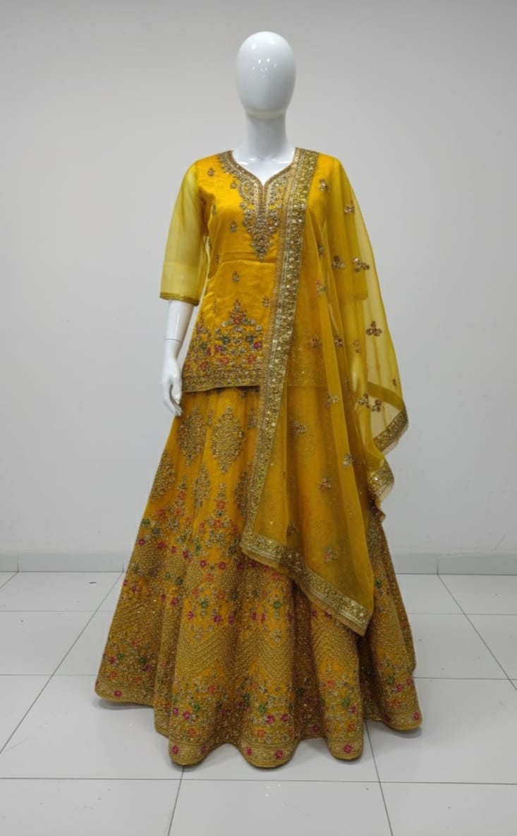 Ready to wear tissue organza lehenga set with sequence, pearl and mirror work dupatta and big flair design for women in Pakistan