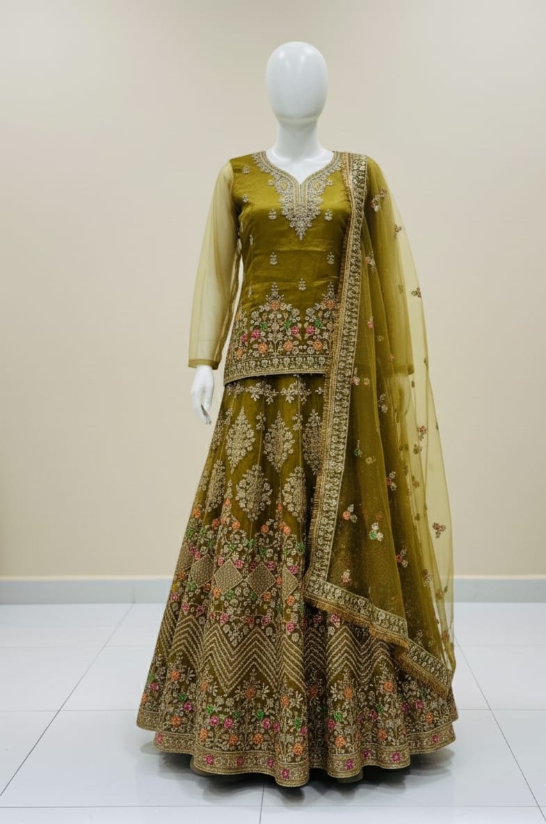 Ready to wear tissue organza lehenga set with sequence, pearl and mirror work dupatta and big flair design for women in Pakistan