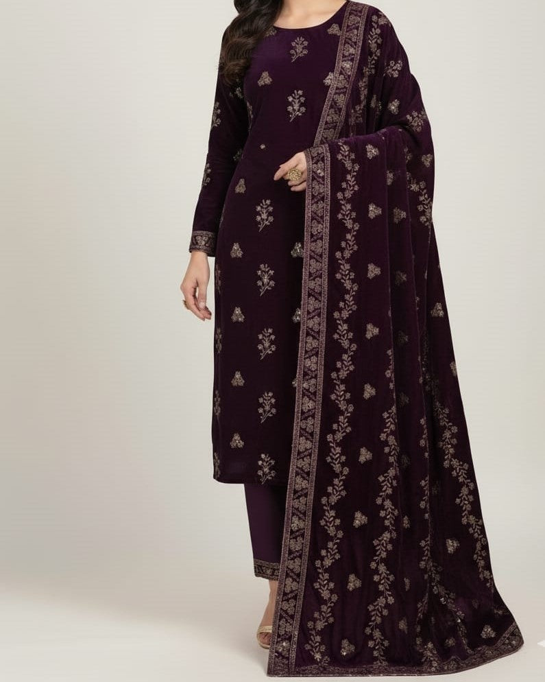 Micro velvet coffee dress with tilla and sequence embroidery, heavy shawl and 3-piece set for women in Pakistan