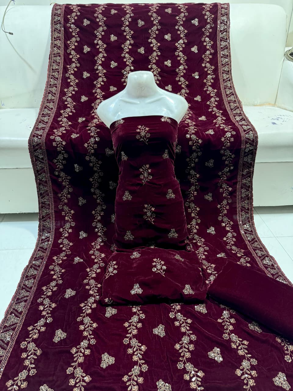 Micro velvet coffee dress with tilla and sequence embroidery, heavy shawl and 3-piece set for women in Pakistan