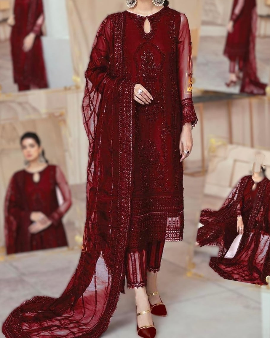 Wedding edition net embroidered dress with adda handwork, sequence dupatta, organza daman tassels and silk trouser for women in Pakistan