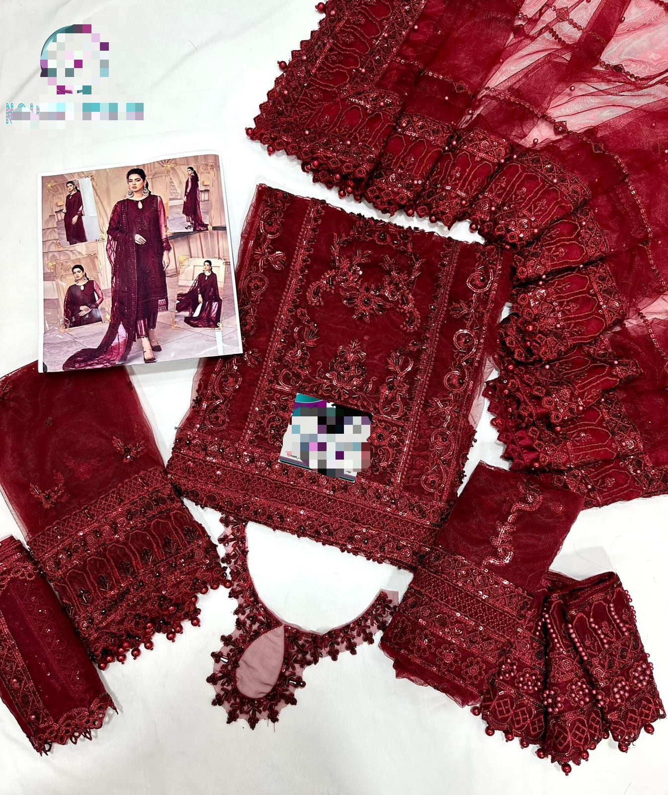 Wedding edition net embroidered dress with adda handwork, sequence dupatta, organza daman tassels and silk trouser for women in Pakistan