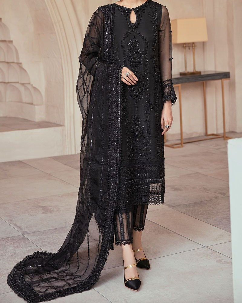 Wedding edition net embroidered dress with adda handwork, sequence dupatta, organza daman tassels and silk trouser for women in Pakistan