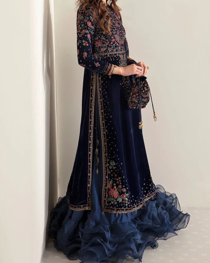 Velvet embroidered dress with chiffon dupatta, gota lace borders and plain silk trouser for women in Pakistan