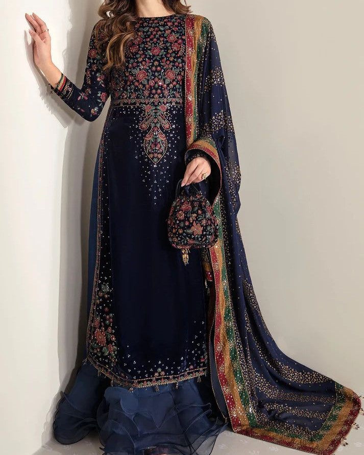 Velvet embroidered dress with chiffon dupatta, gota lace borders and plain silk trouser for women in Pakistan