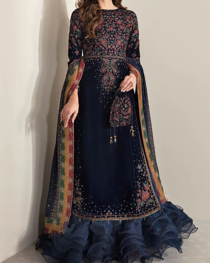 Velvet embroidered dress with chiffon dupatta, gota lace borders and plain silk trouser for women in Pakistan