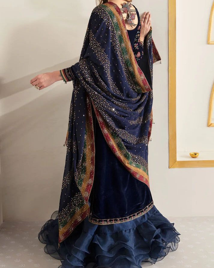 Velvet embroidered dress with chiffon dupatta, gota lace borders and plain silk trouser for women in Pakistan