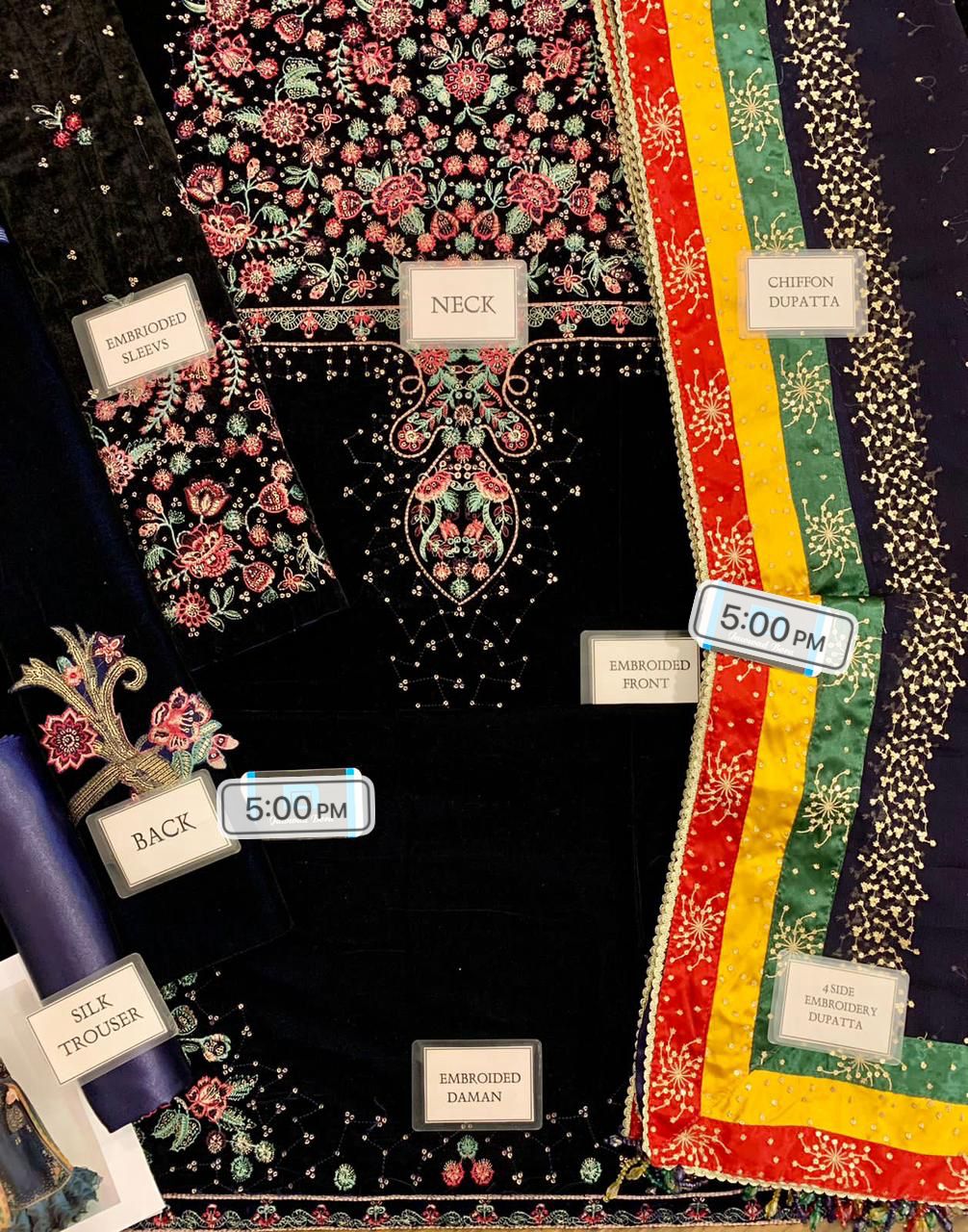 Velvet embroidered dress with chiffon dupatta, gota lace borders and plain silk trouser for women in Pakistan