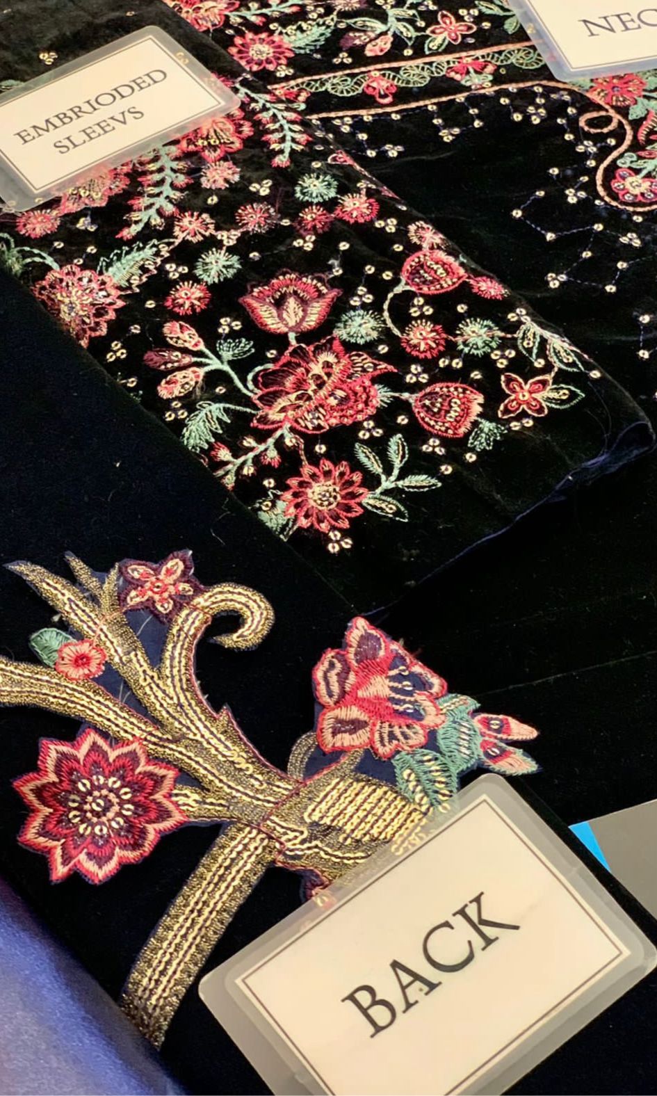 Velvet embroidered dress with chiffon dupatta, gota lace borders and plain silk trouser for women in Pakistan