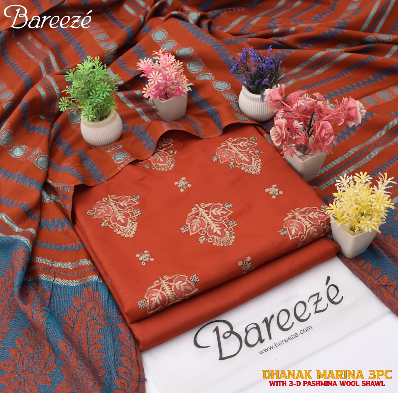 Marina Dhanak 2025/26 embroidered 3PC suit with heavy embroidery, dyed trouser and 3D pashmina wool shawl – Volume 6